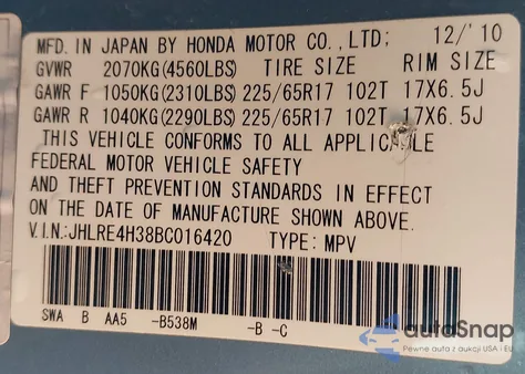2011 Honda Cr-V Lx from USA, damaged, VIN JHLRE4H38BC016420
